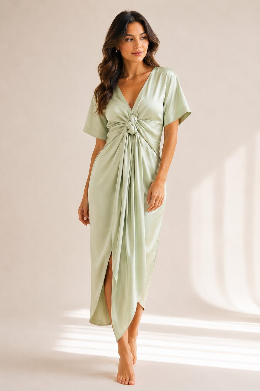 EDUN Liquid Satin Tie Waist Short Sleeve Dress Jade 2 $1100